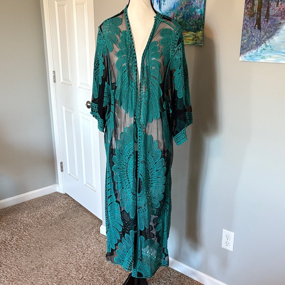 Sheer Teal Lace Kimono Duster - Unbranded